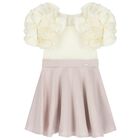 Girls White & Pink Jacquard Ruffle Dress, 1, hi-res
