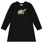 Girls Black Teddy Bear Logo Dress, 3, hi-res