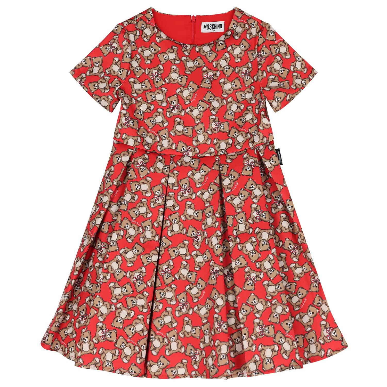 Girls Red Teddy Bear Logo Satin Dress, 1, hi-res