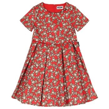 Girls Red Teddy Bear Logo Satin Dress