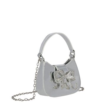 Girls Metallic Silver Diamante Bow Handbag ( 16CM )