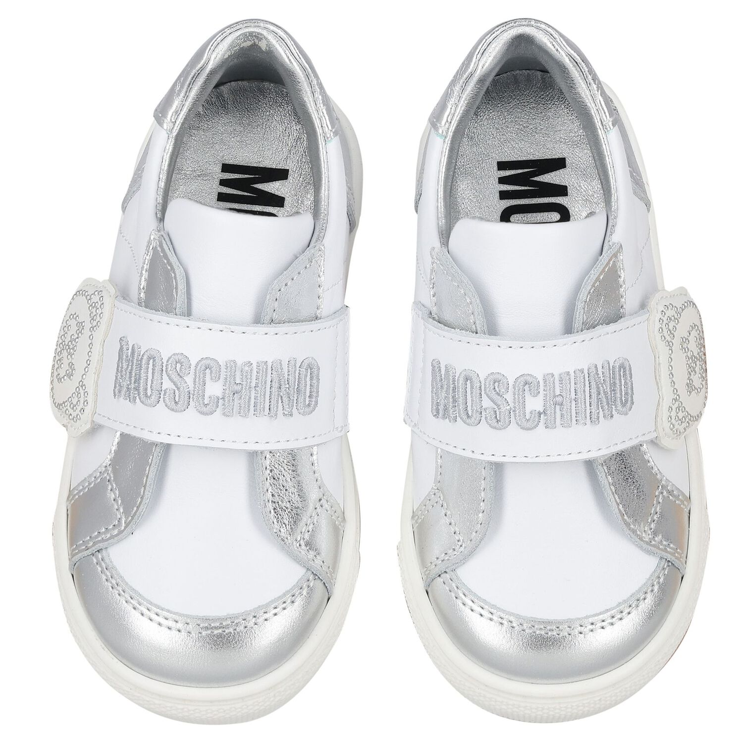 White & Silver Teddy Bear Logo Trainers, 1, hi-res