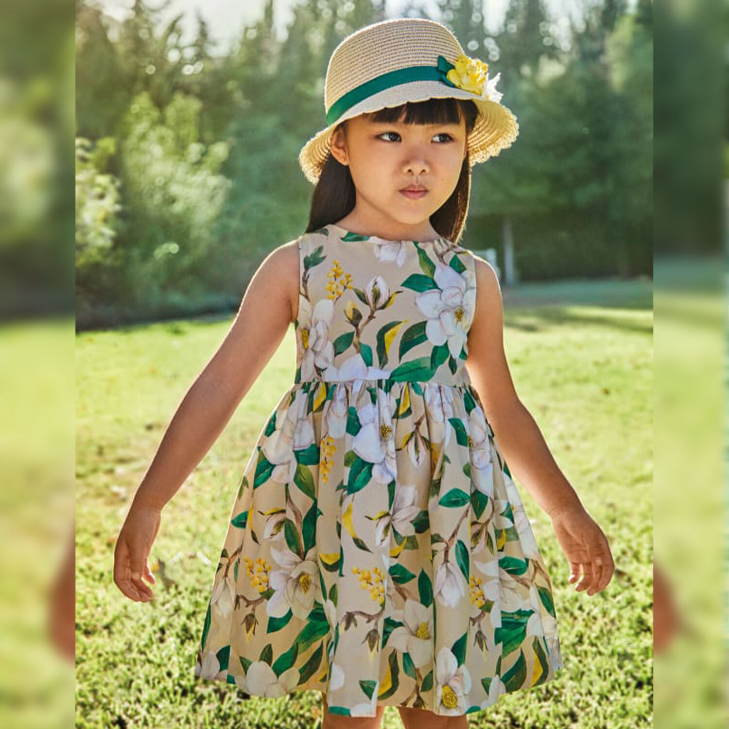 Girls Beige Floral Dress, 2, hi-res