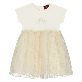 Younger Girls Ivory & Gold Logo Dress