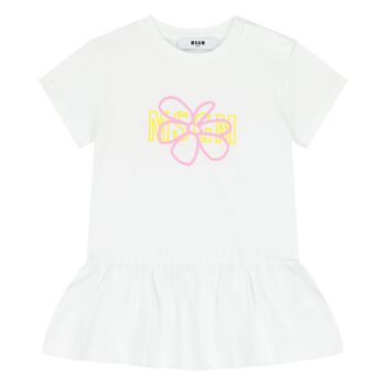 Younger Girls White Logo Flower Dress