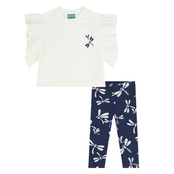 Younger Girls White & Navy Blue Dragonflies Leggings Set