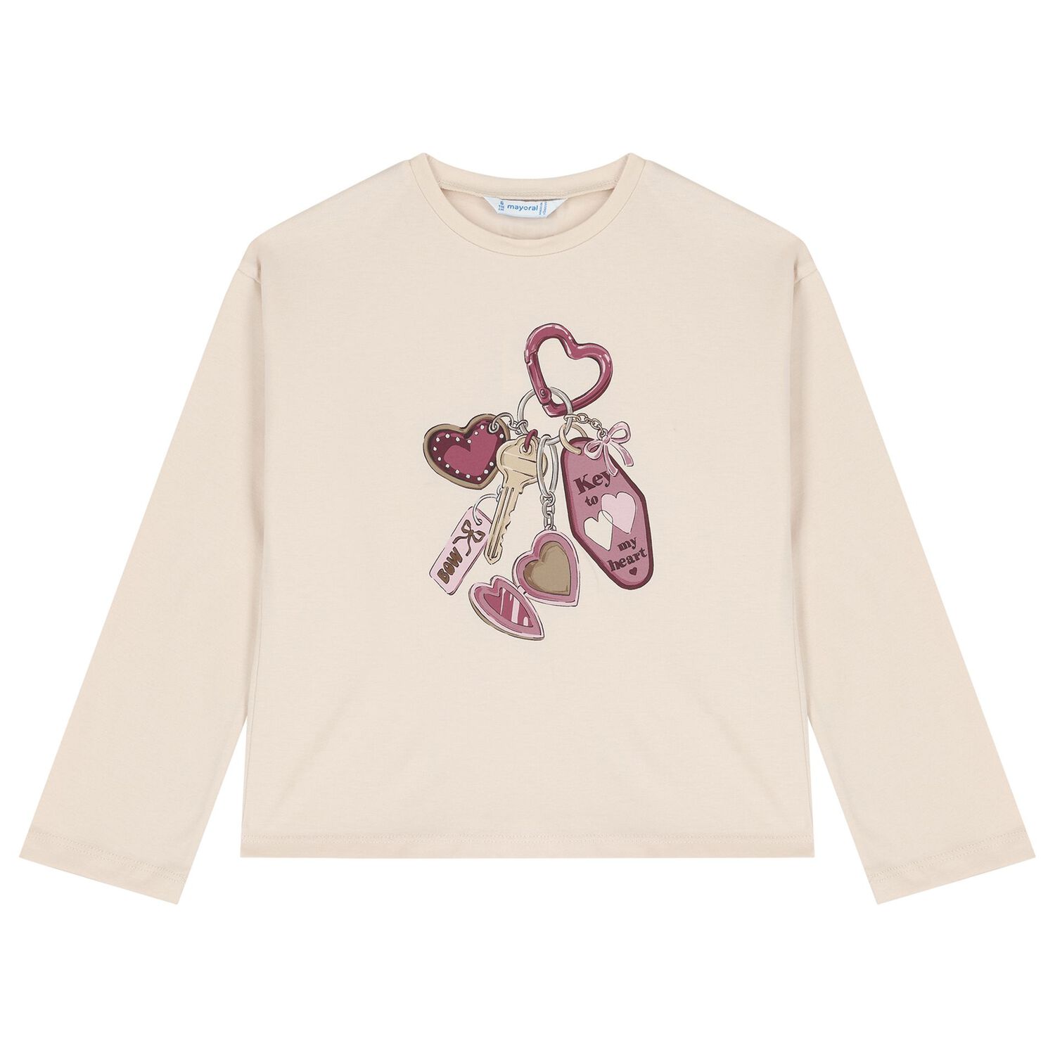 Girls Beige Keychain Long Sleeve Top Set, 3, hi-res
