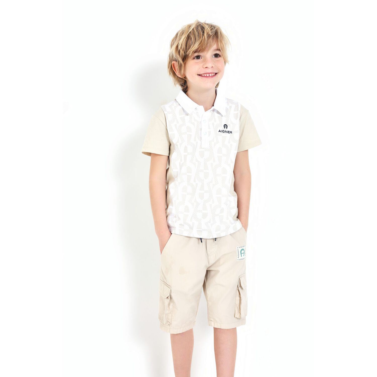 Boys Beige & White Logo Polo Shirt, 1, hi-res