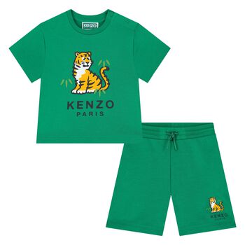 Younger Boys Green Tiger Logo Shorts Set