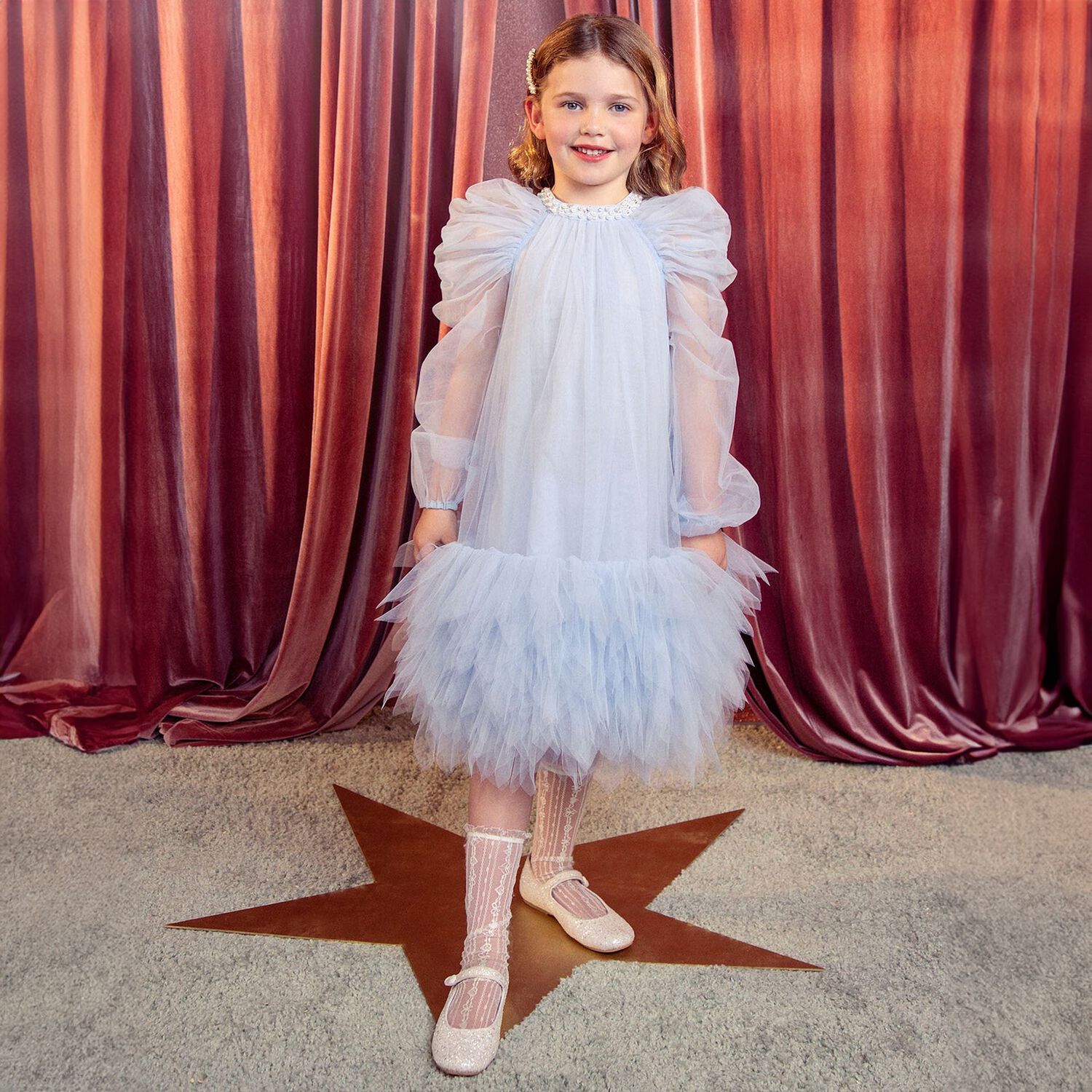 Girls Blue Embellished Tulle Dress, 1, hi-res