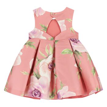Younger Girls Pink Floral Satin Dress