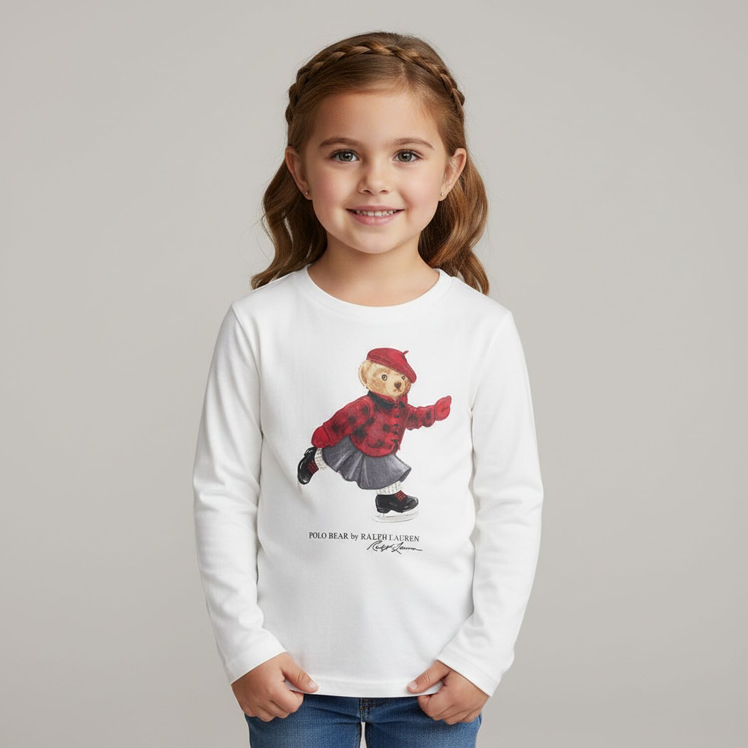 Girls Ivory Polo Bear Long Sleeve Top, 1, hi-res