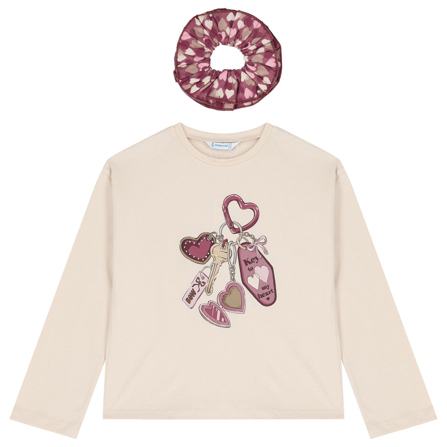 Girls Beige Keychain Long Sleeve Top Set, 3, hi-res