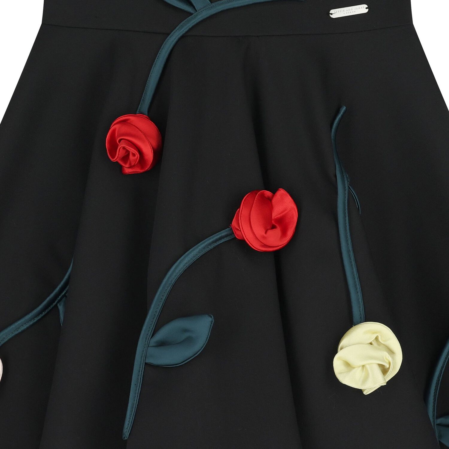 Girls Black Rose Satin Dress, 2, hi-res