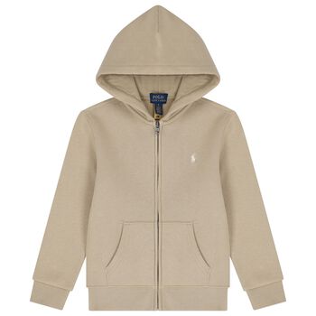 Boys Beige Logo Zip Up Hooded Top