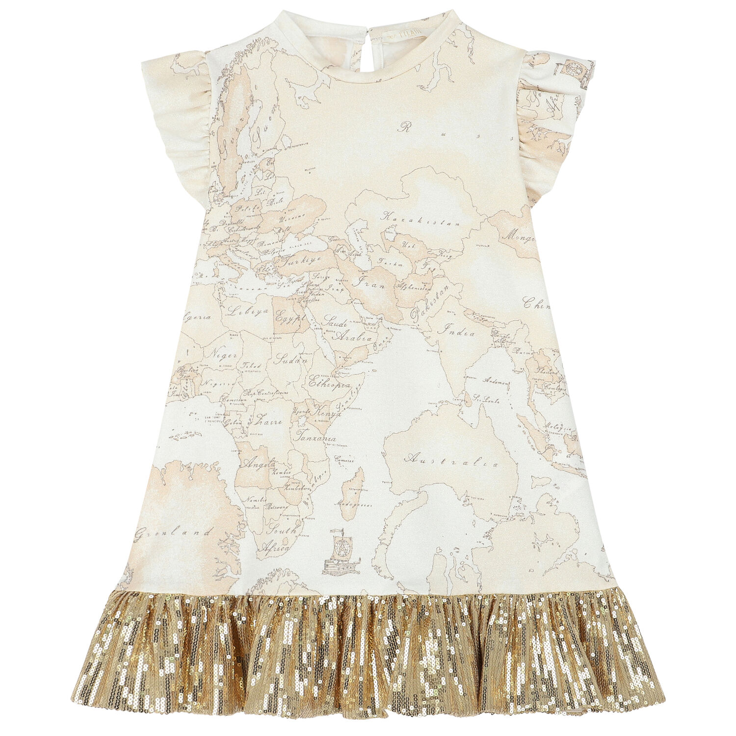 Girls Beige & Gold Geo Map Dress, 1, hi-res