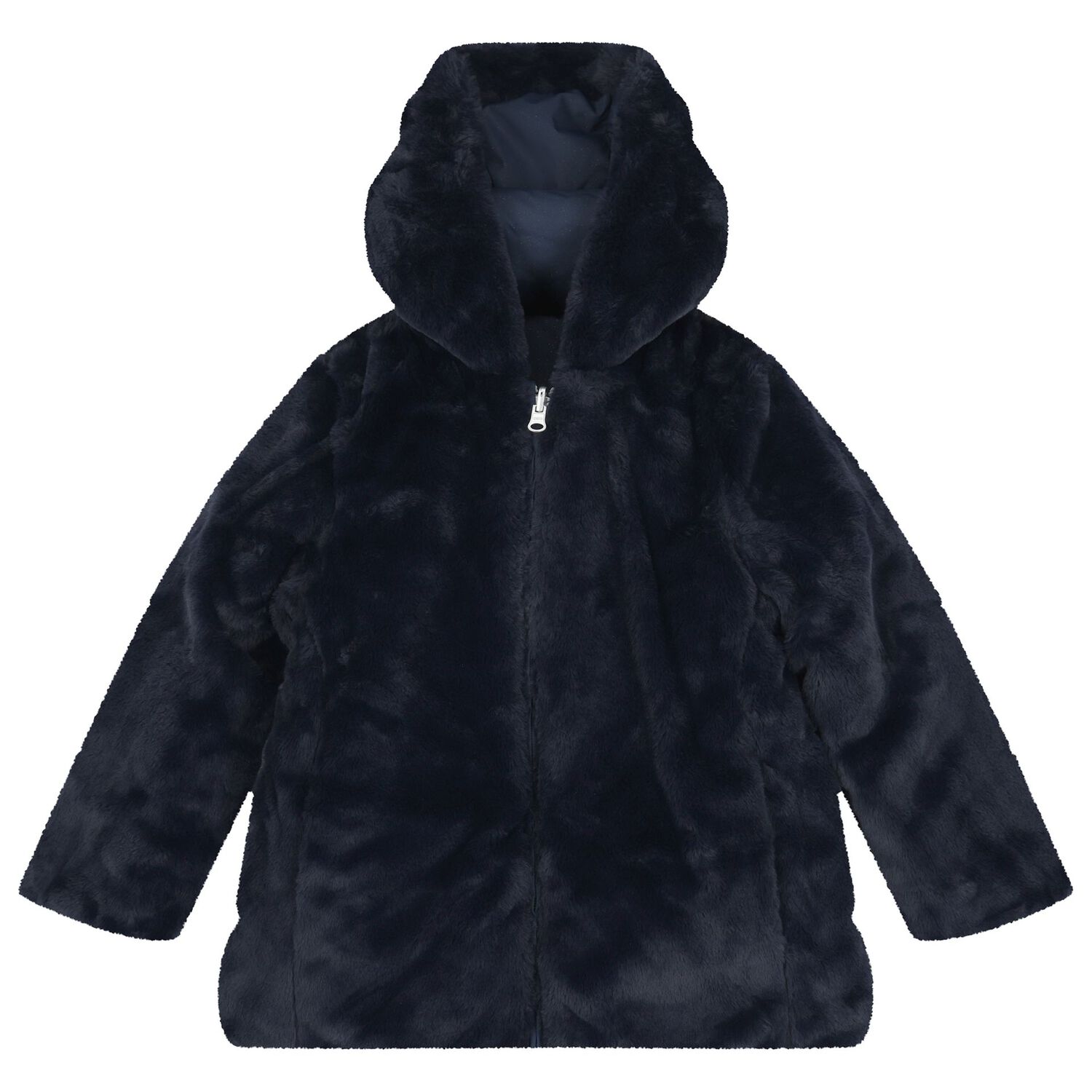 Girls Navy Blue Reversible Faux Fur Jacket, 1, hi-res