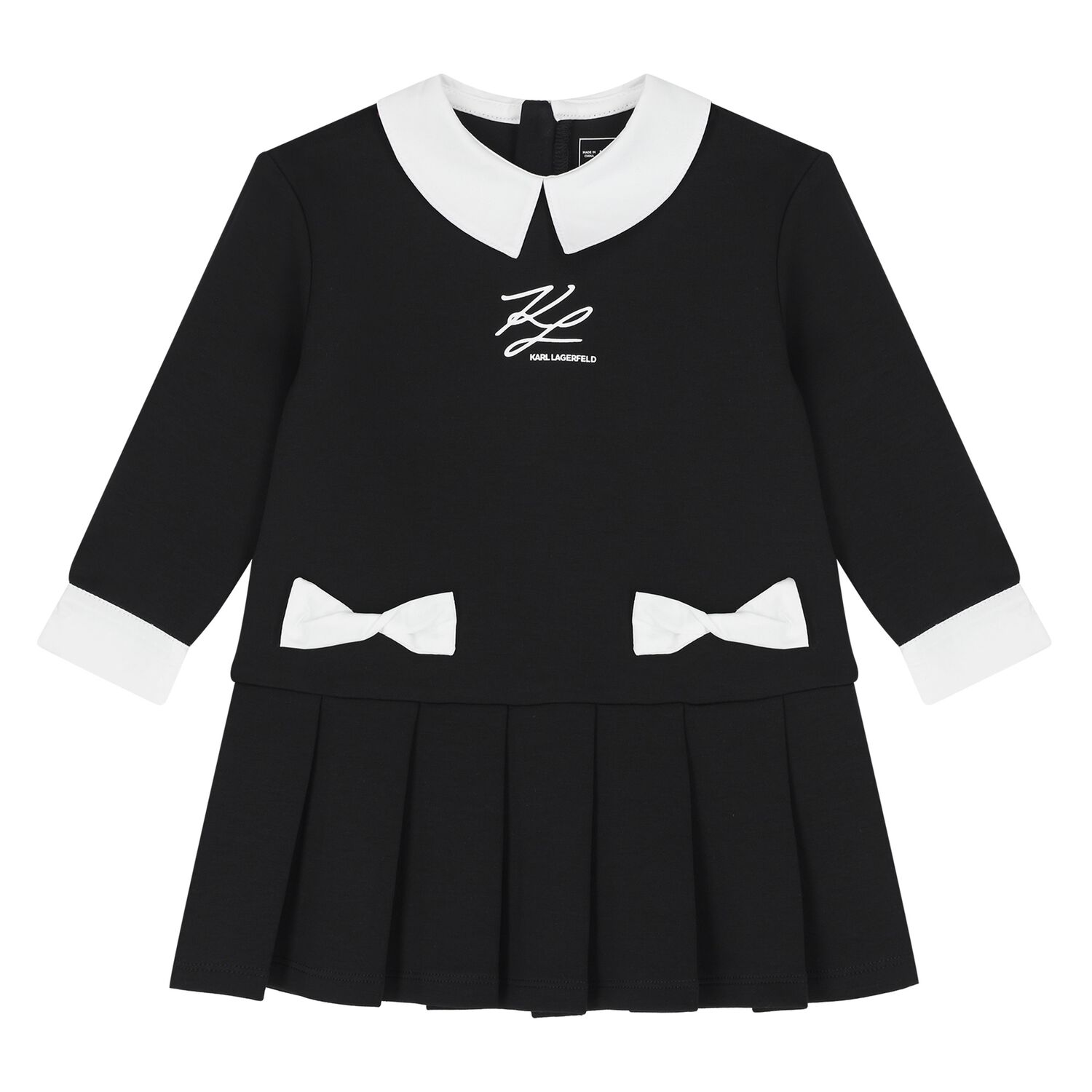 Younger Girls Black & White Logo Pleated Dress, 1, hi-res