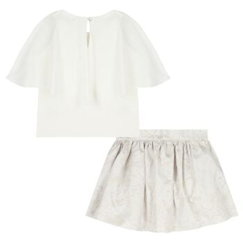 Girls Ivory & Beige Floral Skirt Set