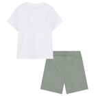 Younger Boys Mini Me White & Green Logo Shorts Set, 1, hi-res