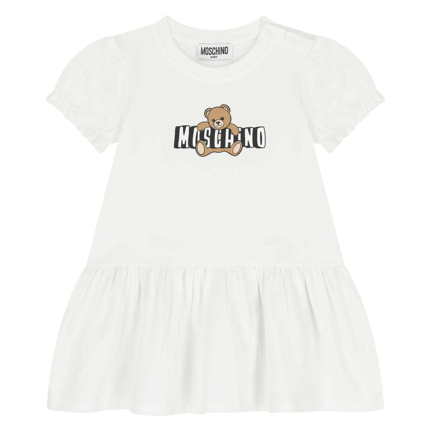 Younger Girls White Teddy Bear Logo Dress, 1, hi-res
