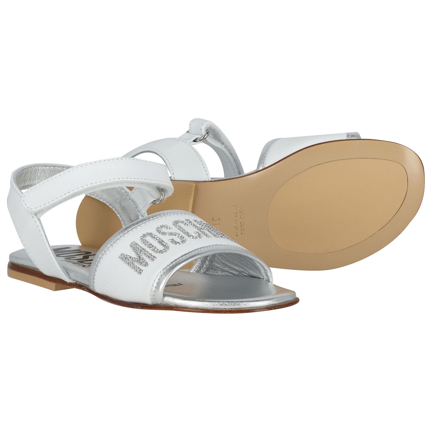 Girls White & Silver Leather Logo Sandals , 1, hi-res