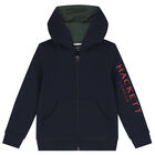 Boys Navy Blue Logo Hooded Zip Up Top, 1, hi-res