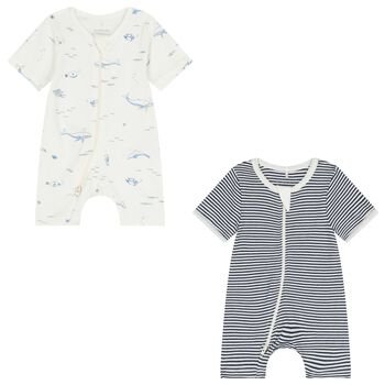 Baby Boys White & Navy Blue Rompers ( 2 Pack )