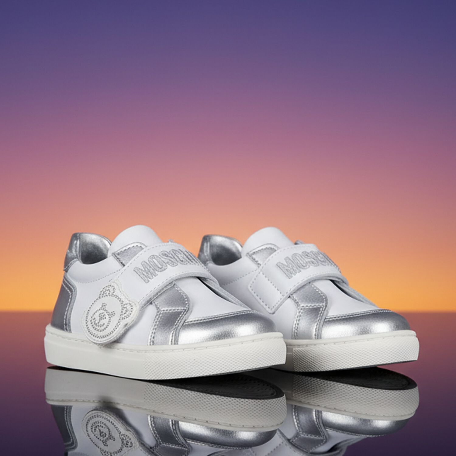 White & Silver Teddy Bear Logo Trainers, 1, hi-res