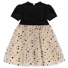Girls Black Velvet & Gold Tulle Dress, 2, hi-res