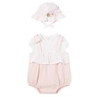 Baby Girls White & Pink Romper & Hat Set, 1, hi-res