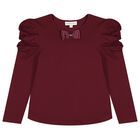 Girls Burgundy Bow Aubrey Long Sleeve Top, 2, hi-res