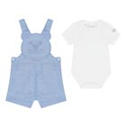 Baby Boys White & Blue Cotton Dungaree Set, 1, hi-res