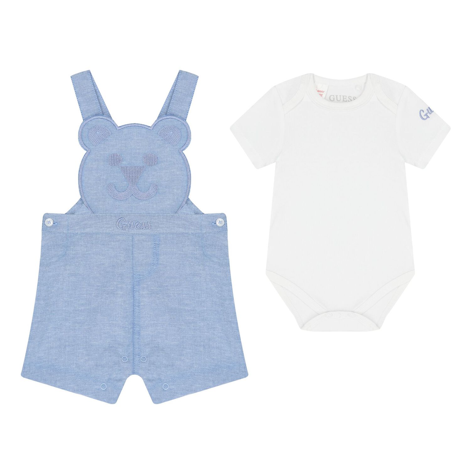 Baby Boys White & Blue Cotton Dungaree Set, 1, hi-res