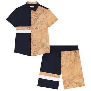 Boys Navy Blue & Beige Geo Map Logo Shorts Set