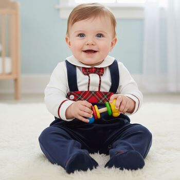 Baby Boys Ivory & Navy Blue Velour Babygrow