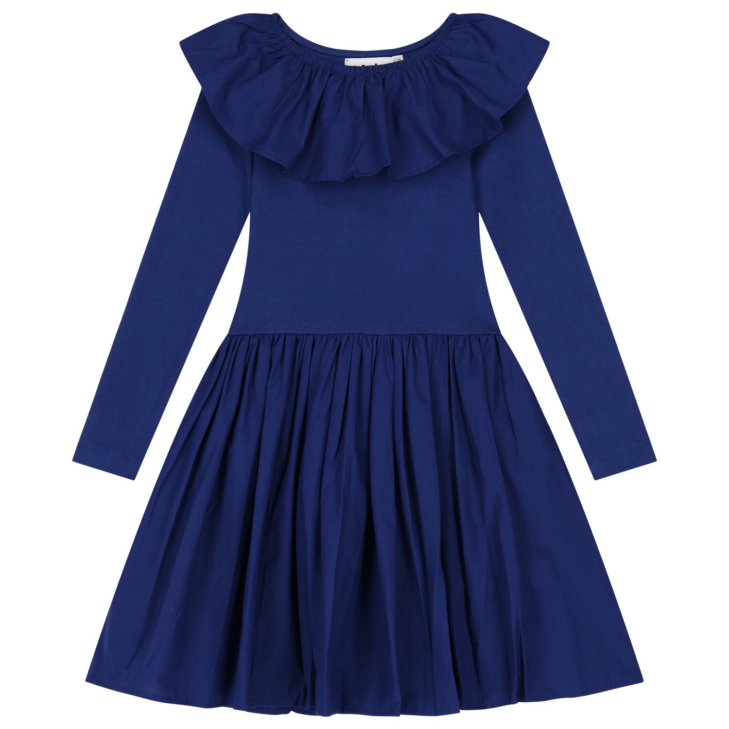 Girls Blue Ruffled Long Sleeve Dress, 3, hi-res