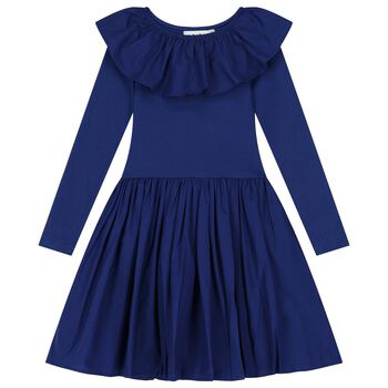 Girls Blue Ruffled Long Sleeve Dress