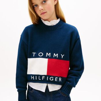 Girls Navy Blue Logo Knitted Sweater