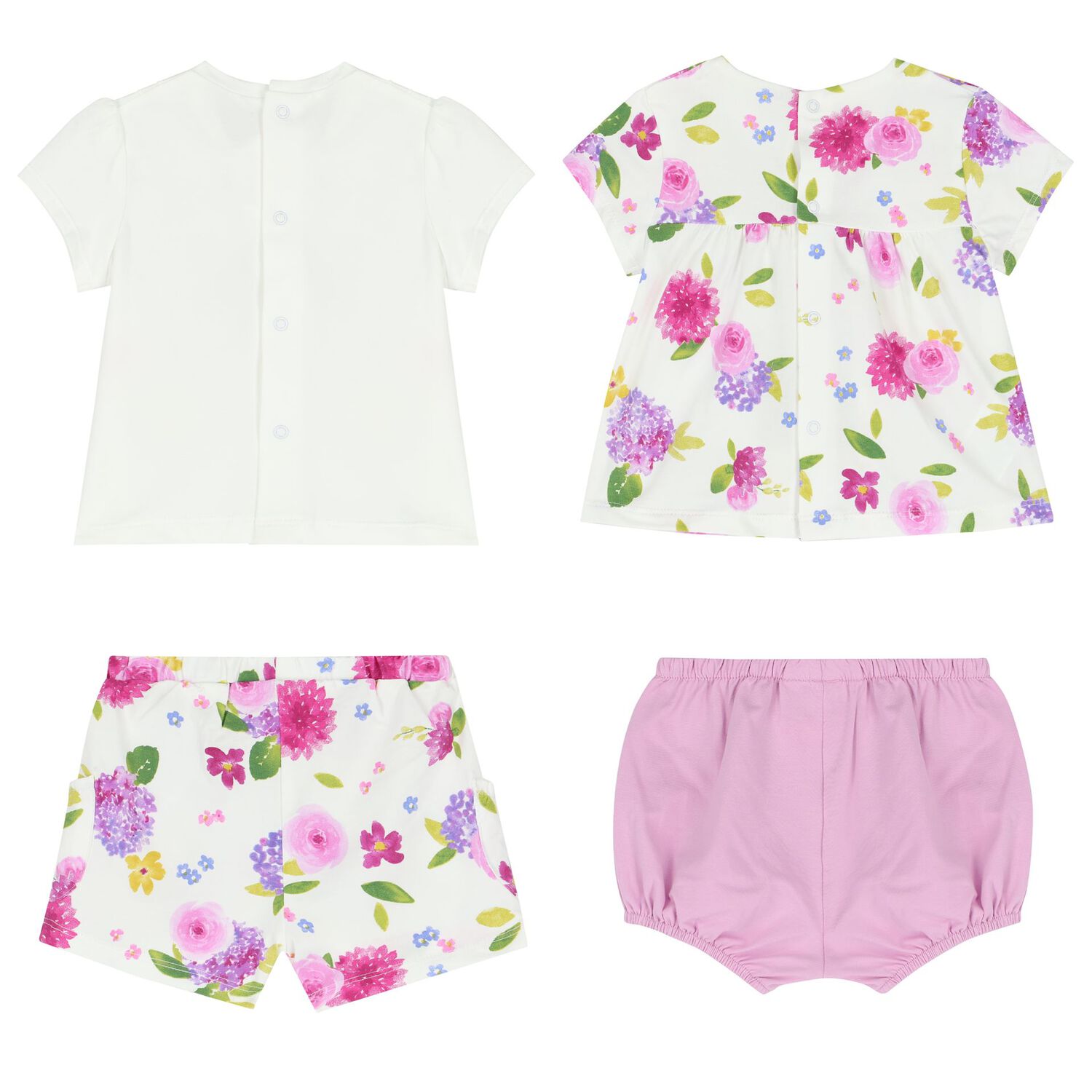 Baby Girls White & Purple Short Set (4 Piece), 2, hi-res