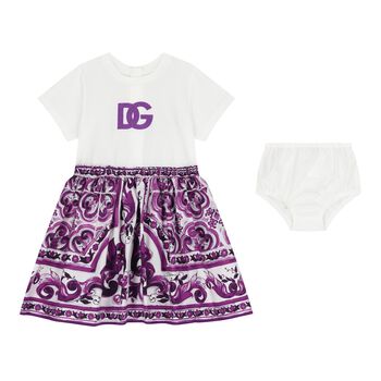 Baby Girls White & Purple Majolica Dress Set