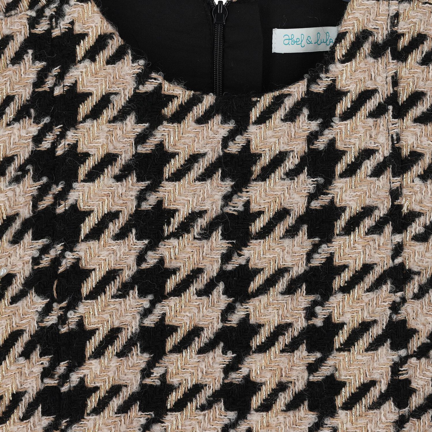 Girls Black & Beige Tweed Houndstooth Dress, 1, hi-res