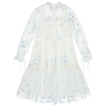 Girls White & Blue Floral Tulle Dress 