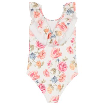 Girls White Floral Logo Swimsuit