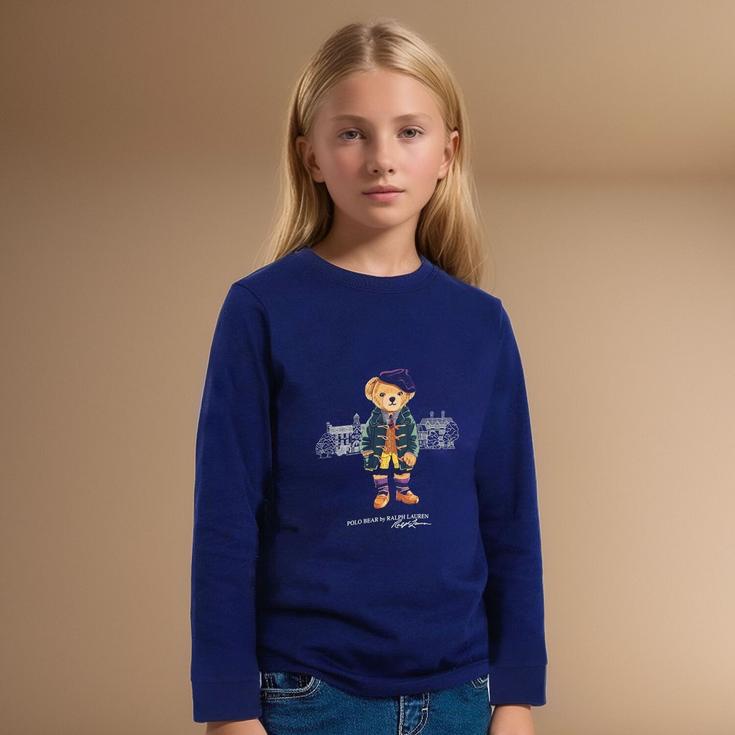 Girls Blue Polo Bear Long Sleeve Top, 1, hi-res