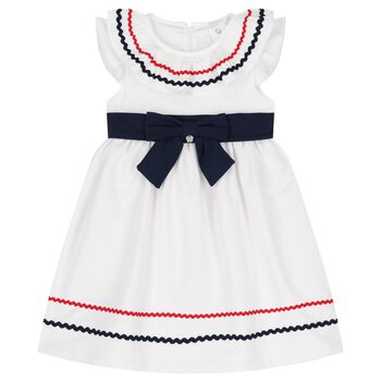 Girls White & Navy Blue Bow Dress