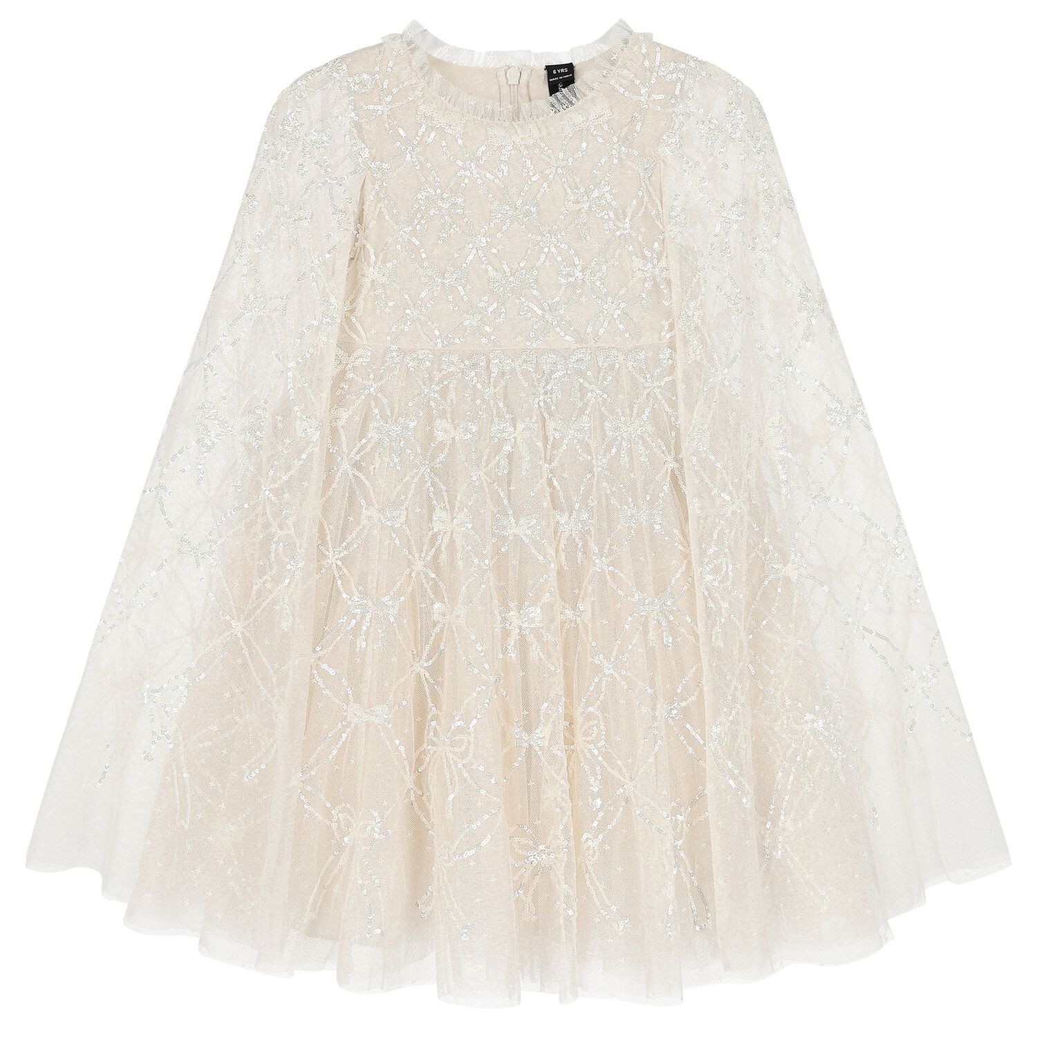 Girls Ivory Bow Lattice Sequin Cape Dress, 1, hi-res