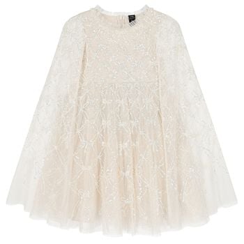 Girls Ivory Bow Lattice Sequin Cape Dress