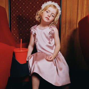 Girls Pink Satin Flower Dress