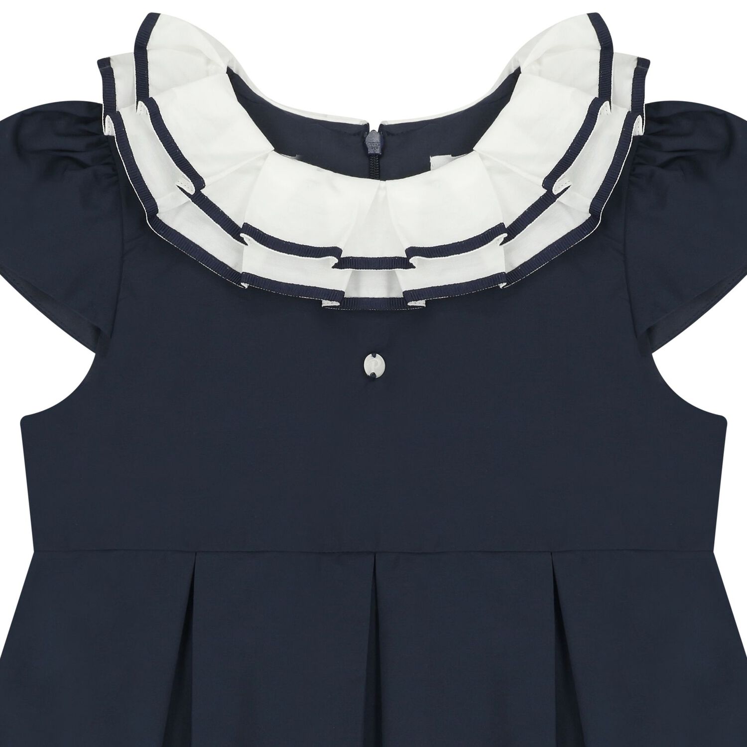 Girls Navy Blue Ruffled Collar Pleated Dress, 1, hi-res
